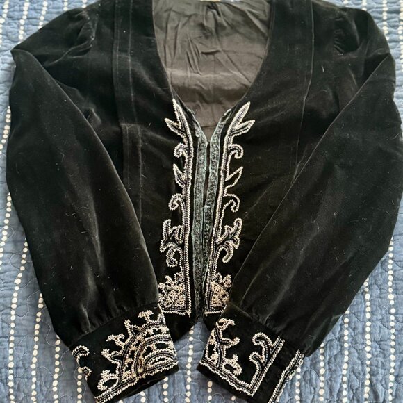 Handcrafted Jackets & Blazers - Vintage Bohemian Black Cropped Velvet Embroidered Beaded Jacket Size S